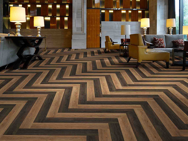 Example of preinstalled LVT for great looking hospitality flooring.