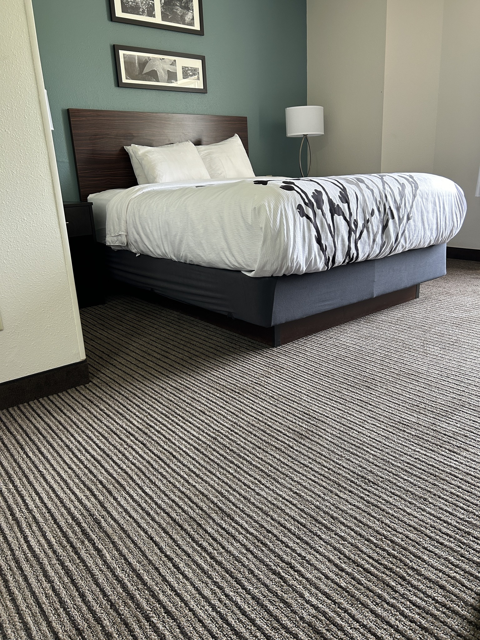 Hotel bedroom with newly installed commercial carpet.