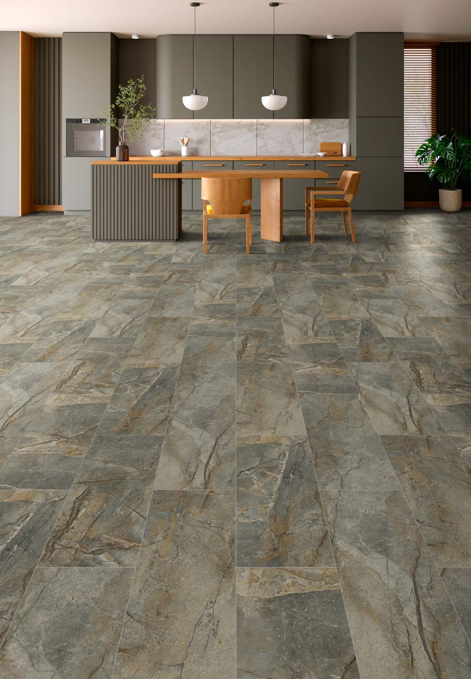 Engineered Floors PureGrain Colonnade luxury vinyl plank flooring in the color Vatican installed in a rustic modern dining area.