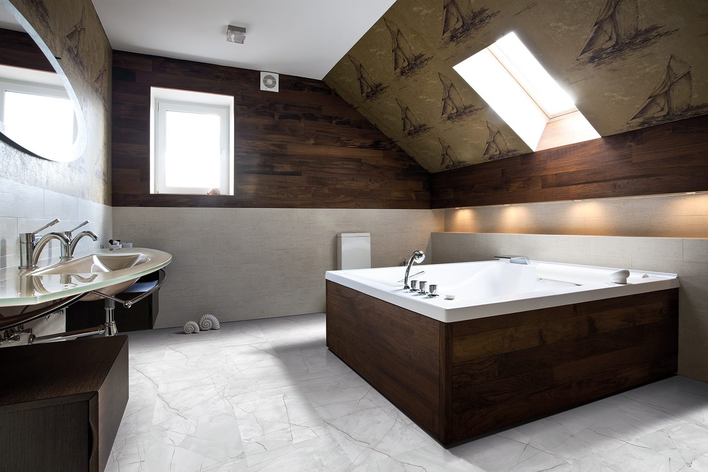 Engineered Floors PureGrain Colonnade tile look luxury vinyl plank flooring in the color Platinum Carrara installed in a beautiful bathroom.