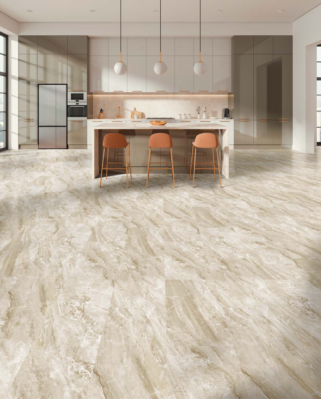 Engineered Floors Colonnade luxury vinyl plank flooring in color retreat installed in a beautiful kitchen.