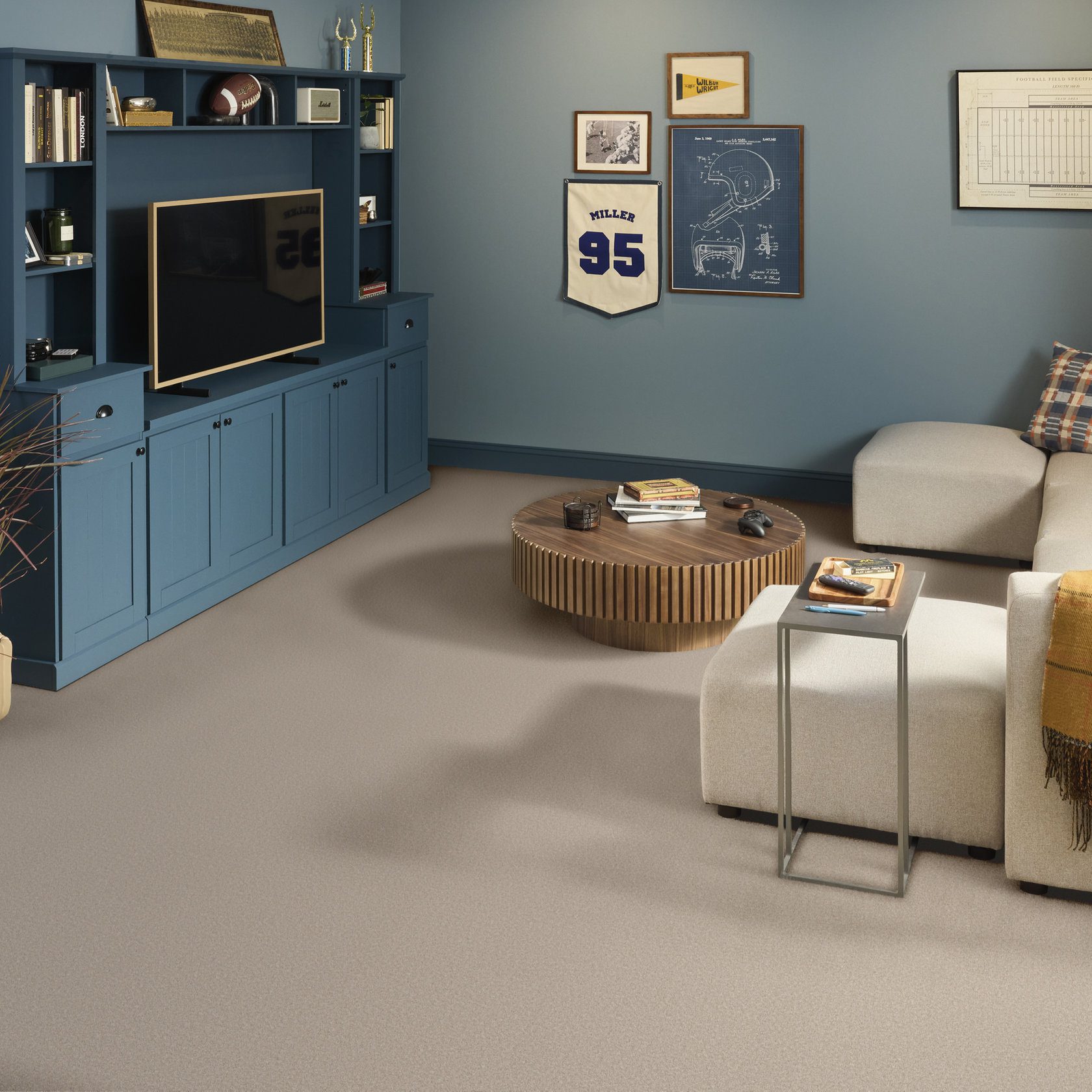 Room scene of newly installed Shaw carpet from the collection Wonderland II, in the color Outer Banks.