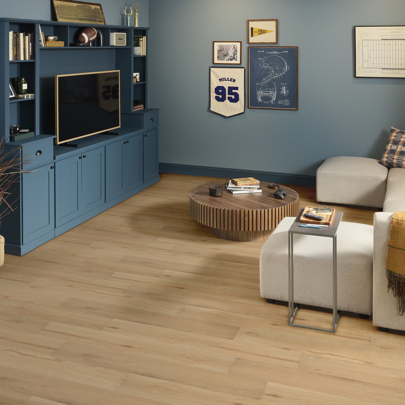 Shaw fleetwood sunbaked oak vinyl flooring installed in a living room.